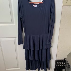 Lularoe ruffle dress on dark gray/blue. Super soft, super comfy